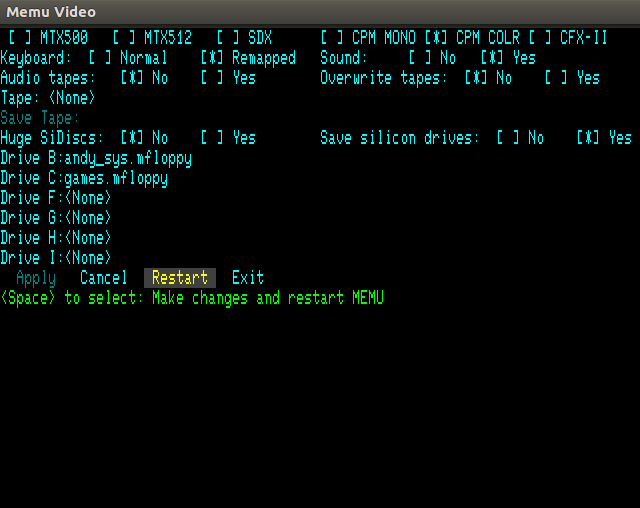 CP/M Colour Selected, Keyboard: Remapped, Sound: Yes, Files for floppy drives B and C selected