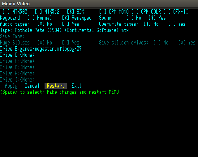 SDX Selected, Keyboard: Remapped, Sound: Yes, Audio tapes: No, Overwite tapes: No, Tape file selected, Floppy drive B file selected