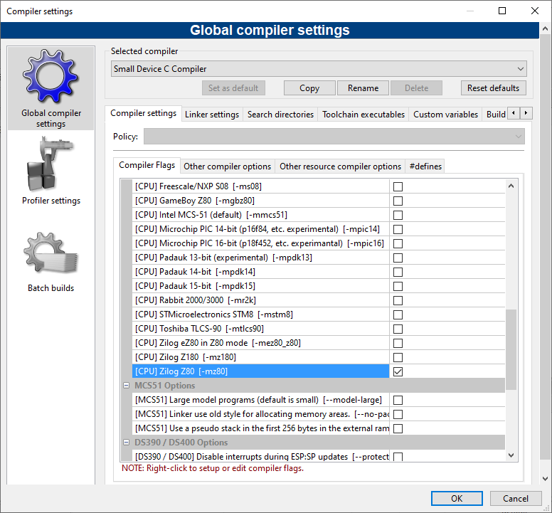 Select Z80 compiler option